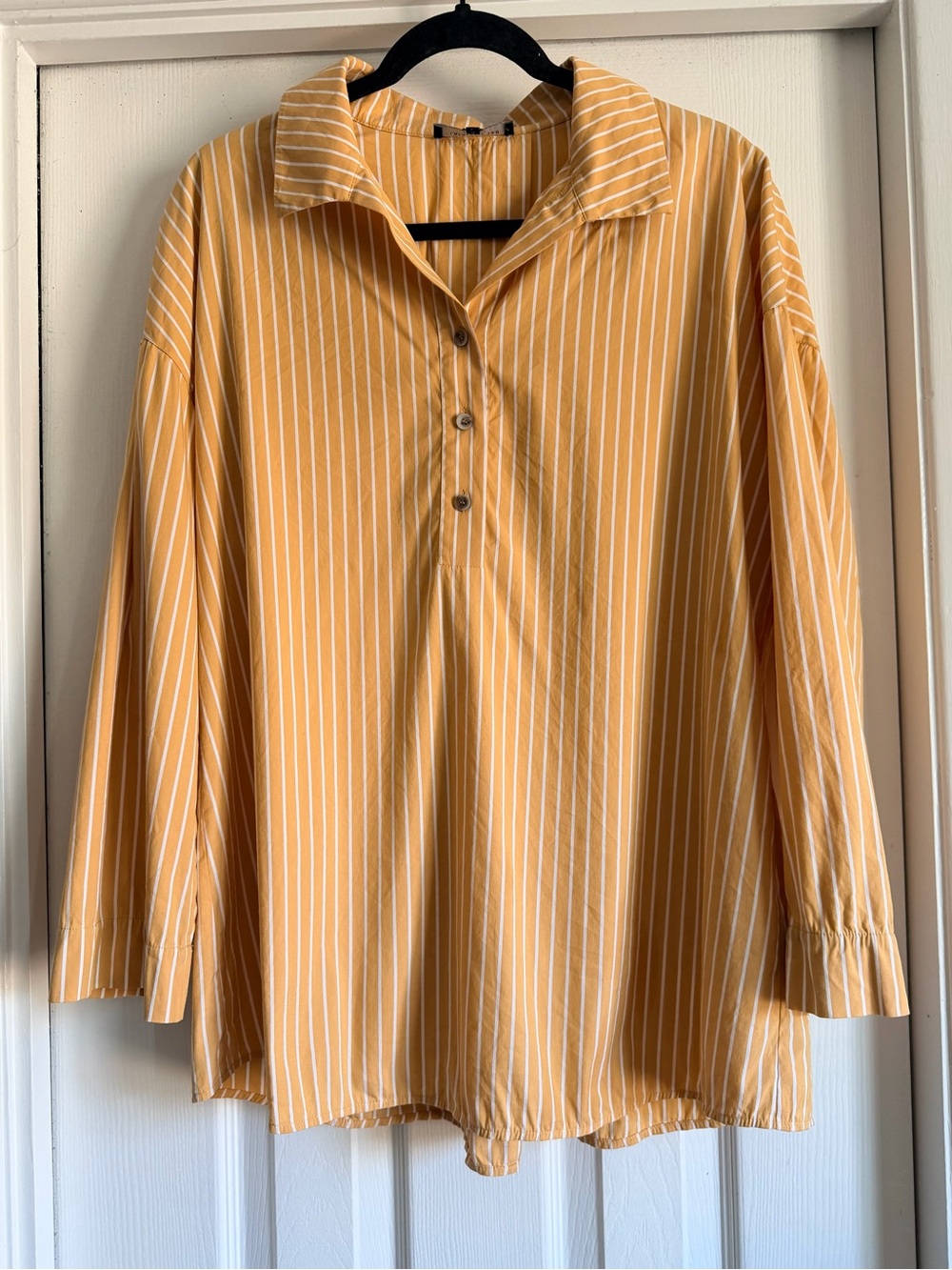 Lafayette 148 NY Yellow White Striped Popover Tunic Shirt L Luxury